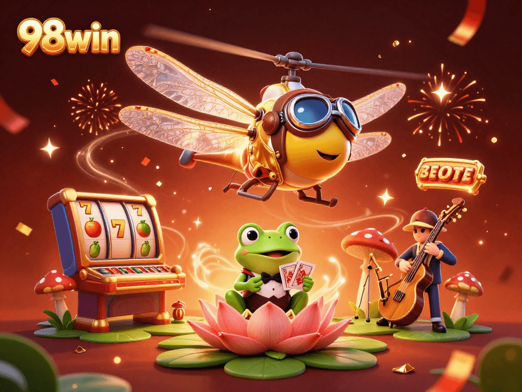 Engage in thrilling gameplay with 98win as a dragonfly pilot navigates a vibrant casino scene filled with jackpots.