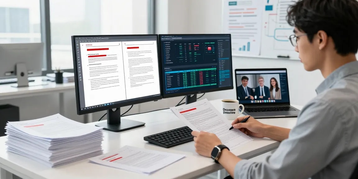 Document fraud detection analysis in a modern office setting with an analyst reviewing inconsistencies on a monitor.