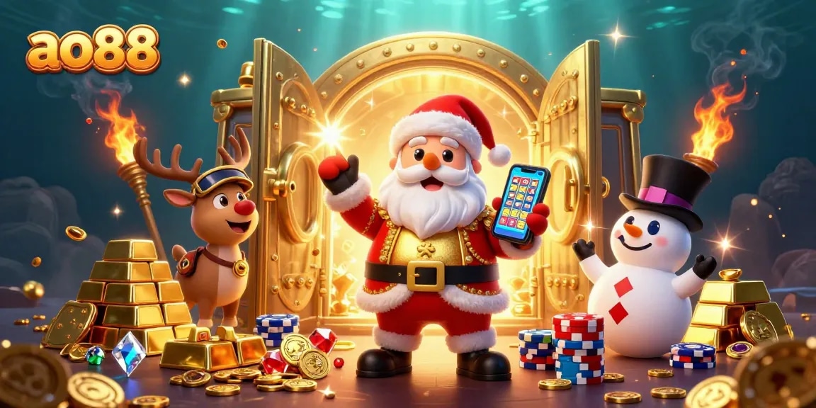 Engage with ao88 for thrilling jackpots in a vibrant casino-themed scene featuring Santa and his friends.