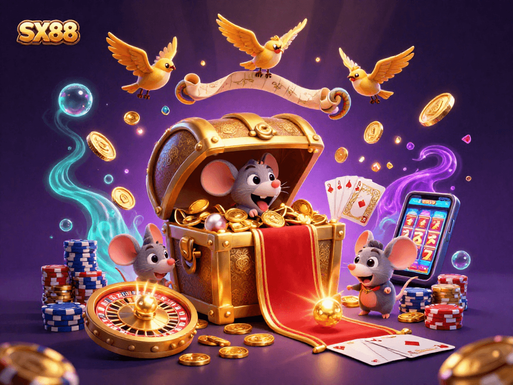 SX88 captivates players with vibrant treasure and riches in this colorful casino scene.