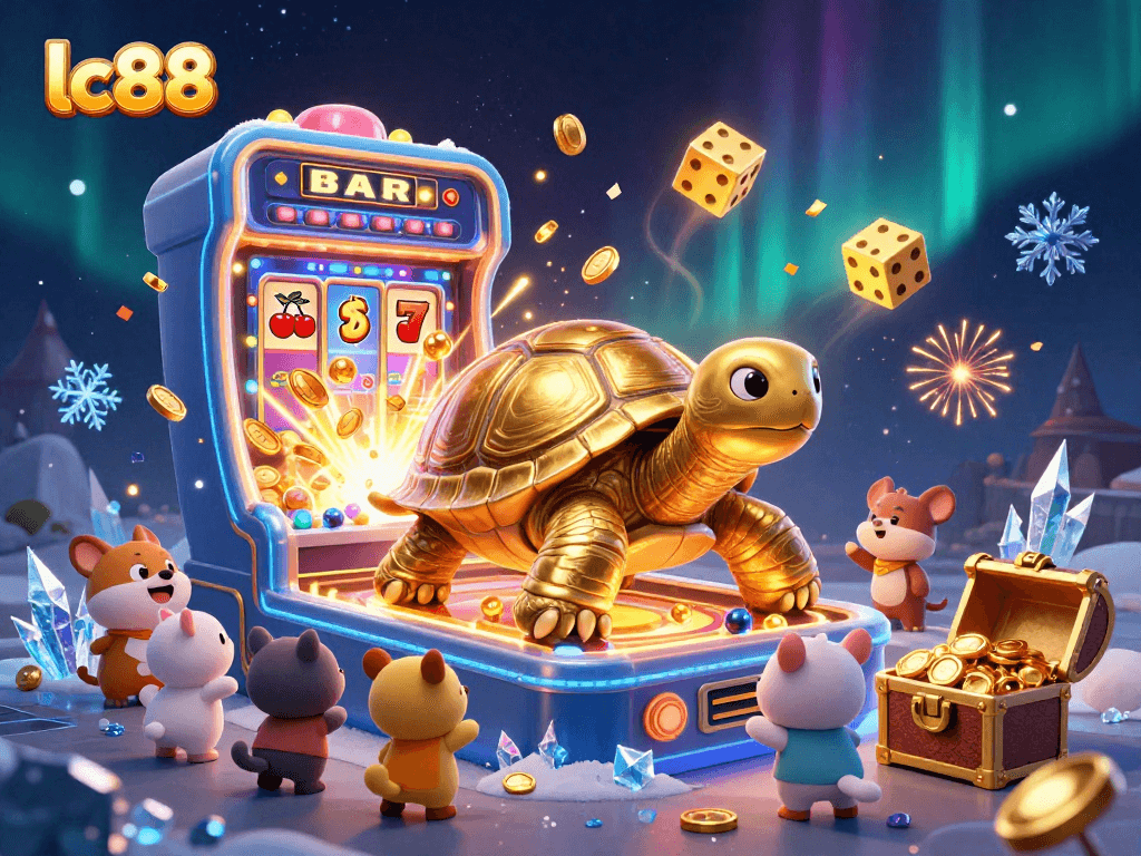 Enjoy exciting gameplay at lc88 with a colossal golden tortoise pinball machine surrounded by winning casino elements.