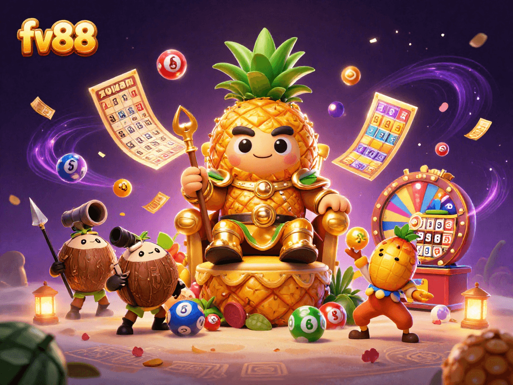 Experience the thrilling games at fv88 with vibrant lottery balls and engaging casino characters.