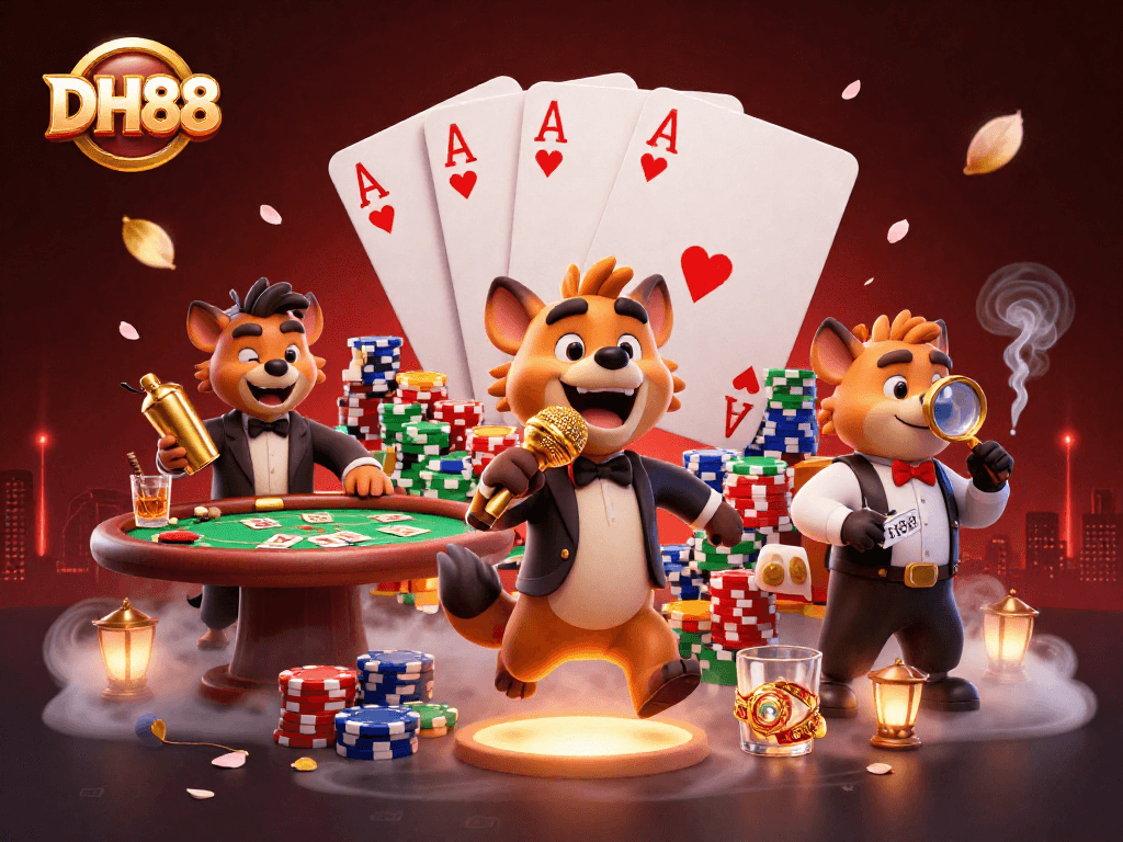 Experience the excitement of DH88's gambling world with a lively cartoon scene filled with casino action.