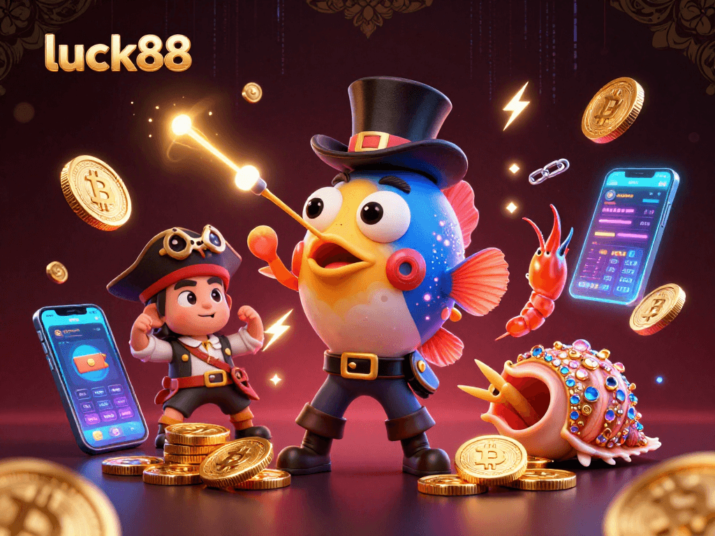 Engage in thrilling gameplay at luck88 with a vibrant underwater casino scene featuring animated characters and crypto elements.