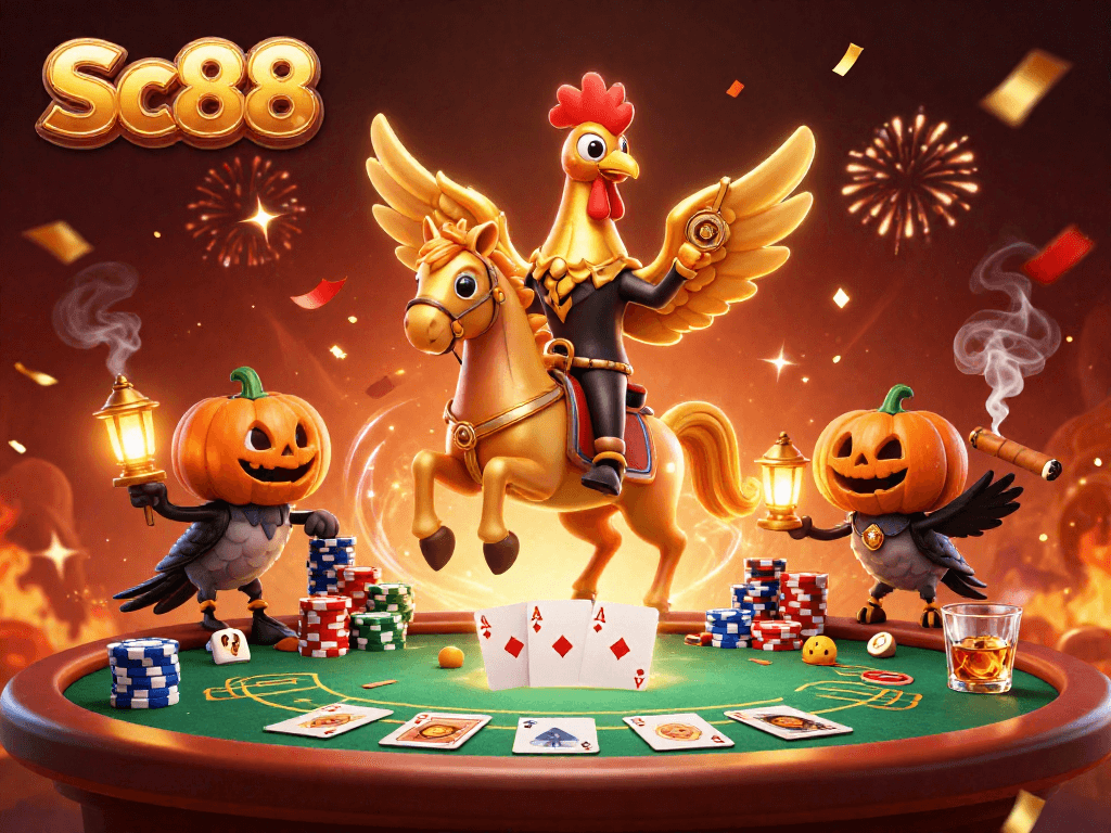 Experience Sc88 with a golden rooster in a vibrant casino scene showcasing poker elements
