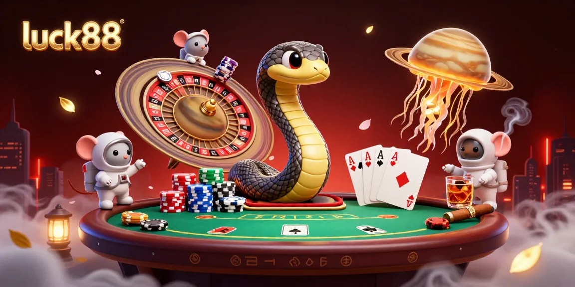 Engage with luck88's thrilling casino universe where cartoon astronauts bet on a roulette wheel.