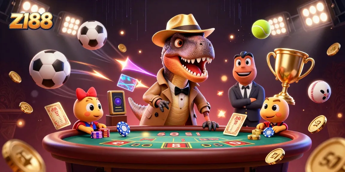 Experience thrilling games and rewards at z188 with a velociraptor card counter and stegosaurus pit boss in a bustling casino scene.