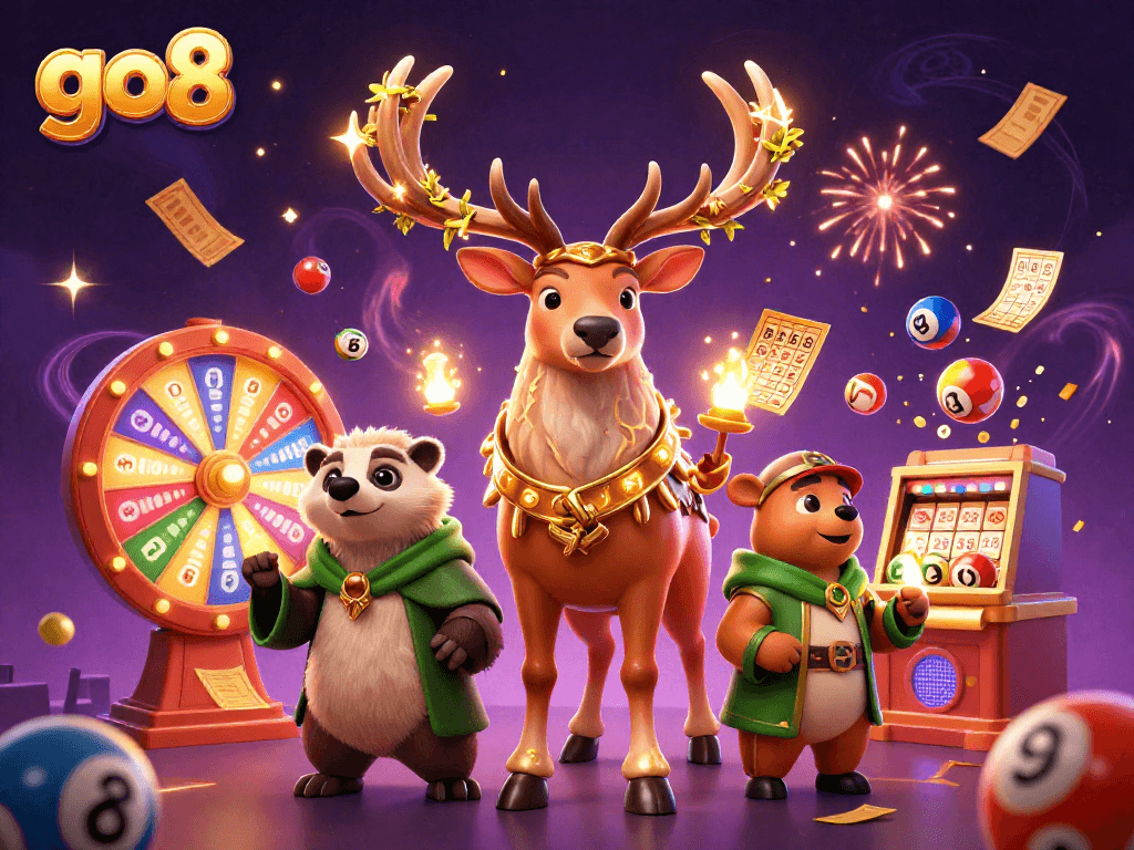Experience vibrant winning moments at go8 with this dynamic 3D gambling illustration featuring lottery balls and more.