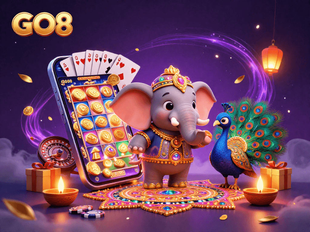 Experience winning moments at GO8 with a vibrant casino scene featuring exciting games and festive elements.