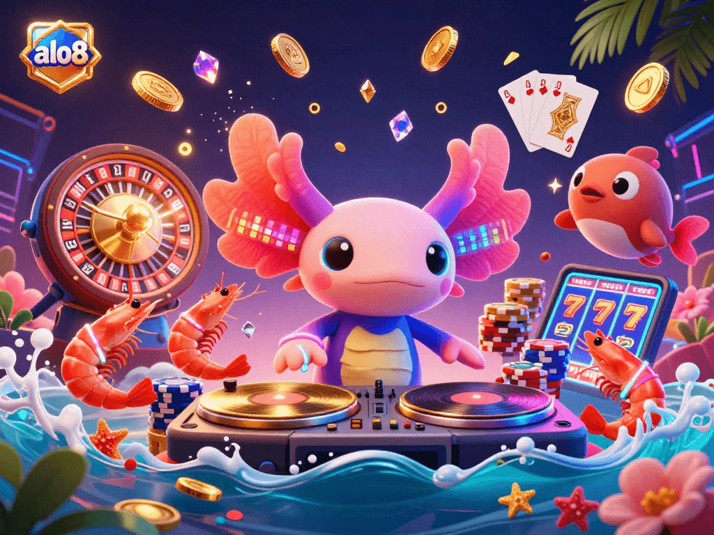 A vibrant axolotl DJ spins records while golden coins and poker chips fly around for alo8's exciting online gaming.