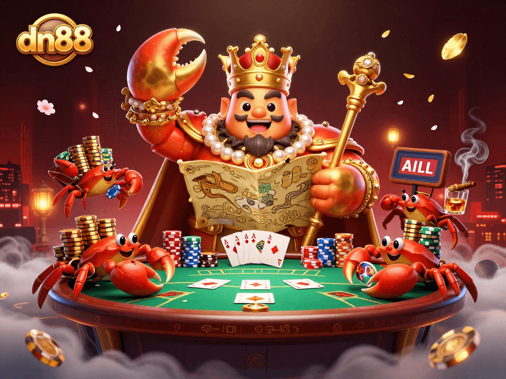 Experience thrilling gameplay at dn88 with a majestic golden crab emperor amidst colorful poker elements.