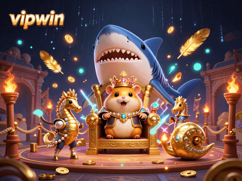 Experience the excitement of vipwin with a golden hamster king and vibrant casino elements.
