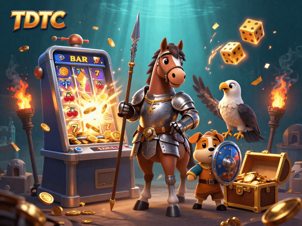 Experience TDTC thrills with a knight, squire, and falcon amidst a jackpot explosion!