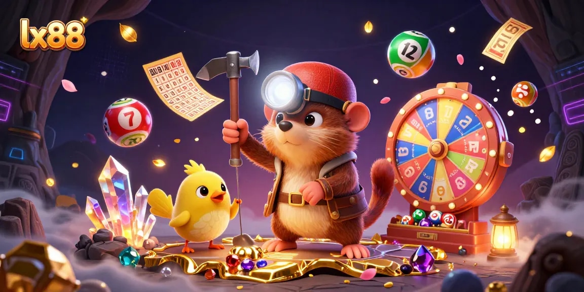 Experience thrilling wins at LX88, join the treasure hunter in a vibrant cartoon casino scene.