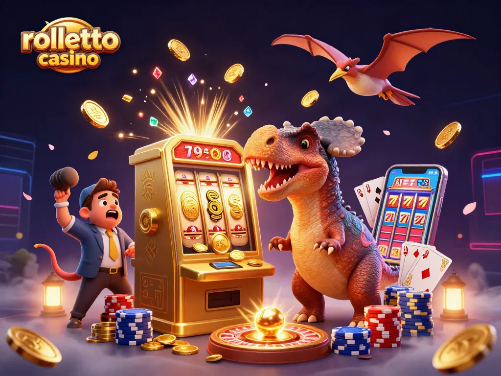 Experience fun with rolletto casino as pachycephalosaurus hits a jackpotted slot machine amidst flying coins.