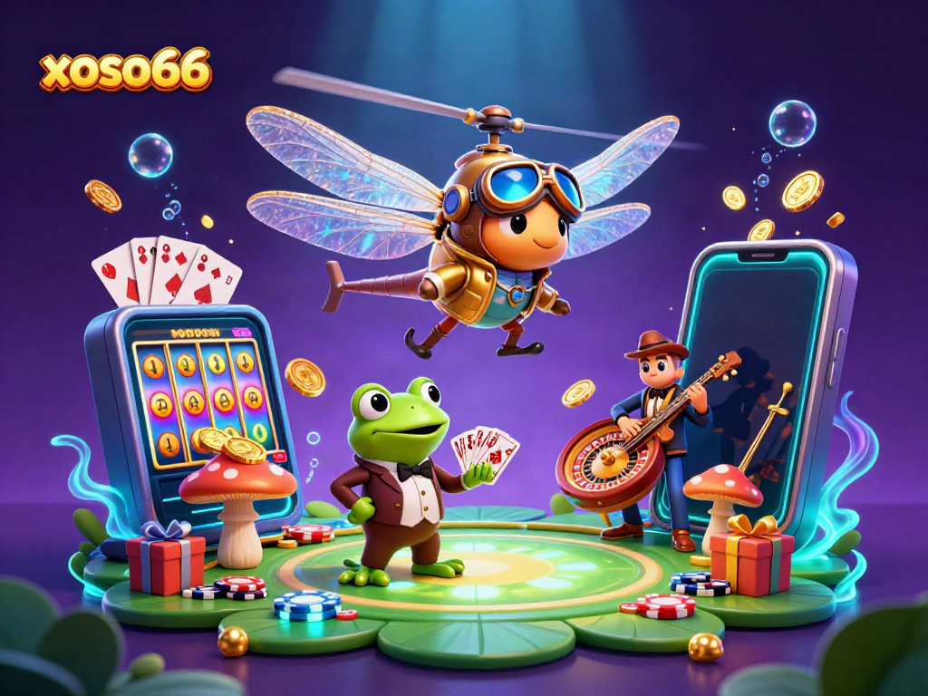 Experience thrilling casino action with xoso66 featuring a dragonfly pilot and frog croupier.