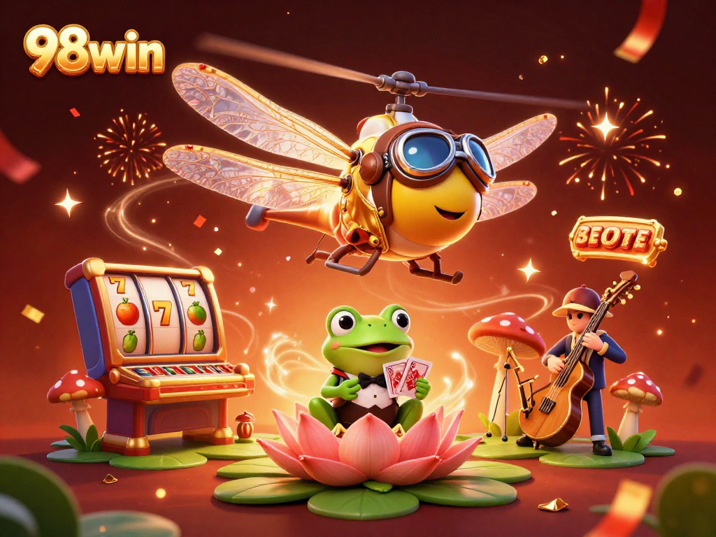 Engage in thrilling gameplay with 98win as a dragonfly pilot navigates a vibrant casino scene filled with jackpots.