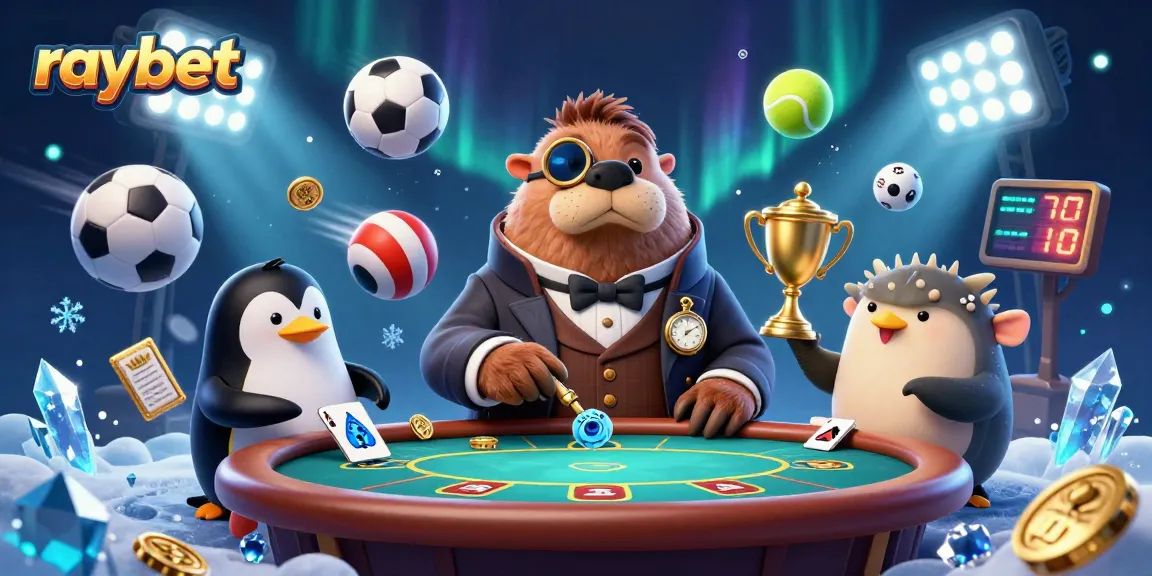 Experience lively gaming with raybet featuring a jolly walrus at a poker table surrounded by dynamic sports elements.