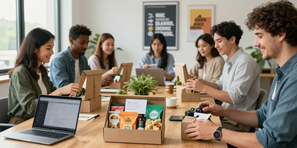Team members excitedly unpacking staff gift boxes, showcasing eco-friendly packaging and personalized notes.