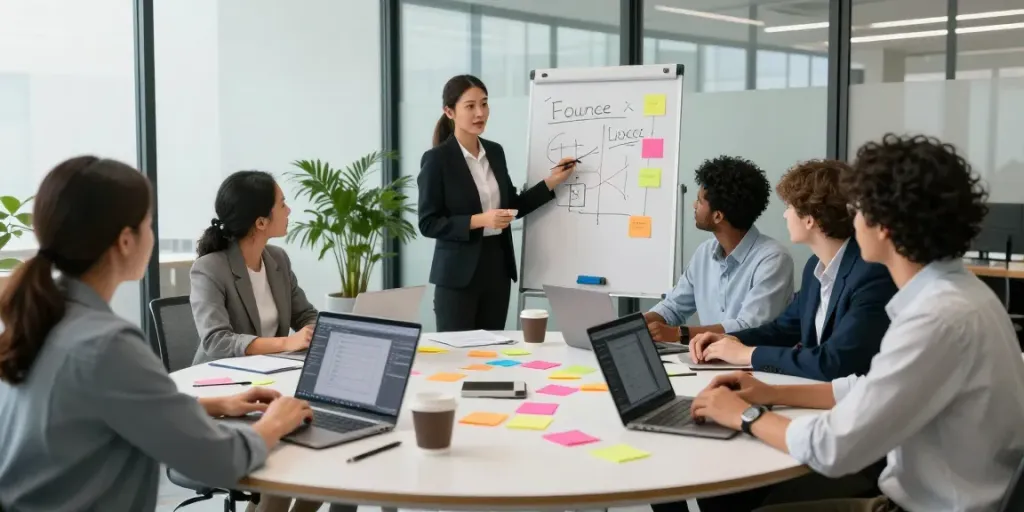 A diverse team collaborating on an innovative image source strategy in a modern office.