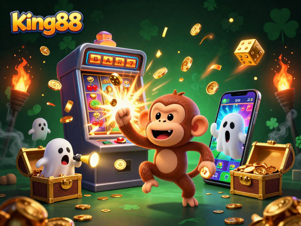 Engage with king88's vibrant slots as the playful spirit juggles golden prizes in a thrilling casino.
