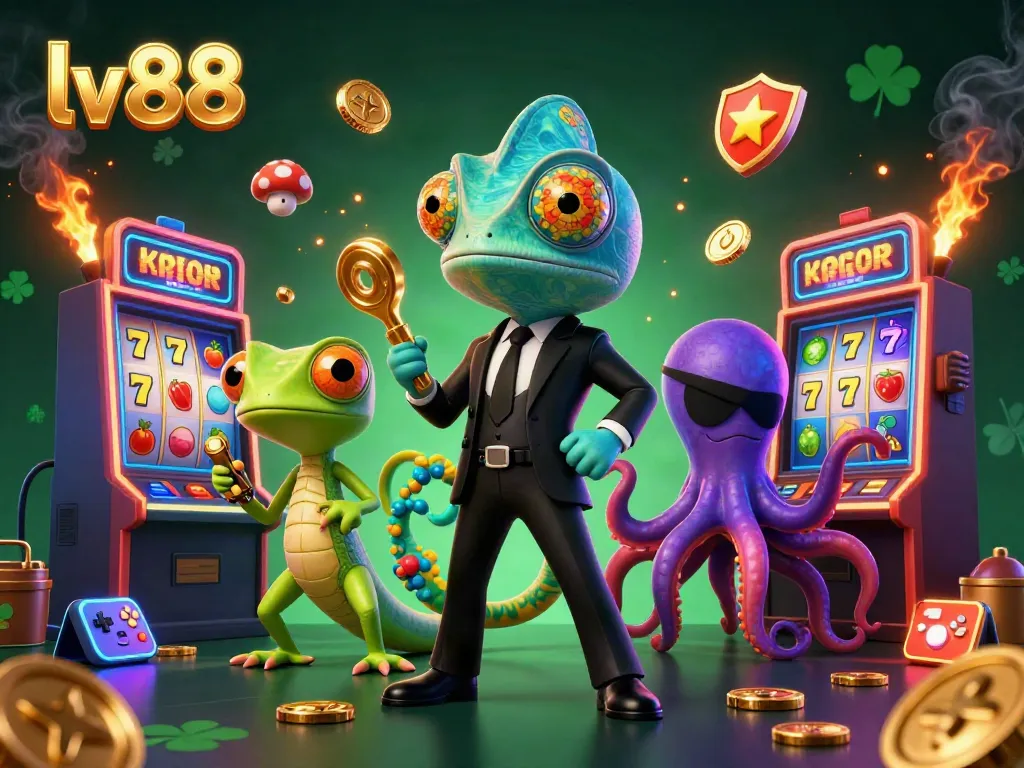 Engage with lv88's thrilling casino scene illustrated with a colorful chameleon, tech-savvy gecko, and scheming octopus.