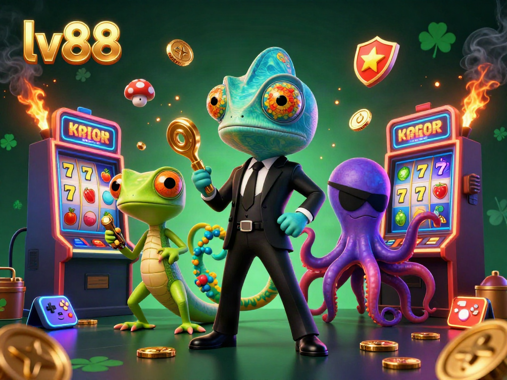 Engage with lv88's thrilling casino scene illustrated with a colorful chameleon, tech-savvy gecko, and scheming octopus.
