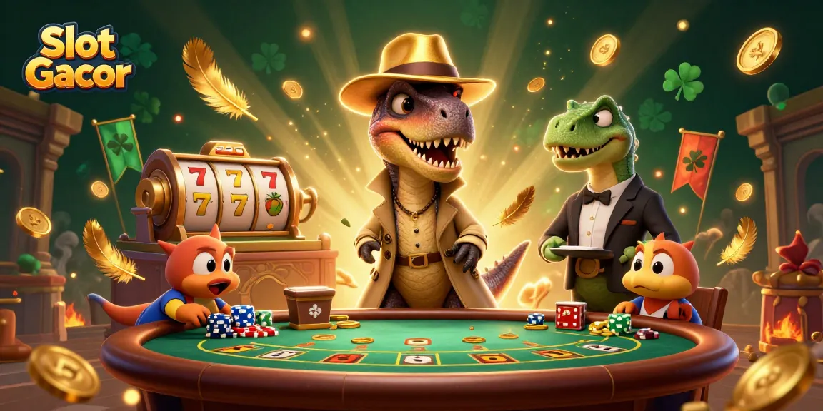 Permainan Slot Gacor dengan karakter dinosaurus dan elemen kasino yang dinamis dan menarik.