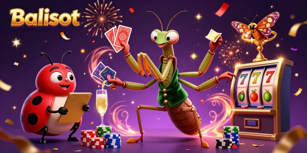 Experience the thrill of Balislot with multiple characters engaging in casino activities in a vibrant setting.