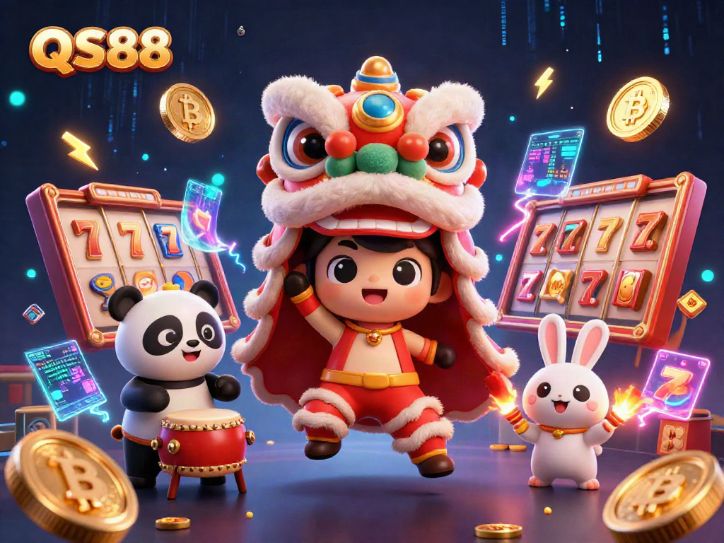 Play exciting slots at QS88 and enjoy thrilling jackpot graphics and casino decorations.