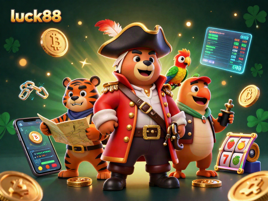 Experience luck88 adventures with the pirate bear and tiger in a vibrant casino scene.