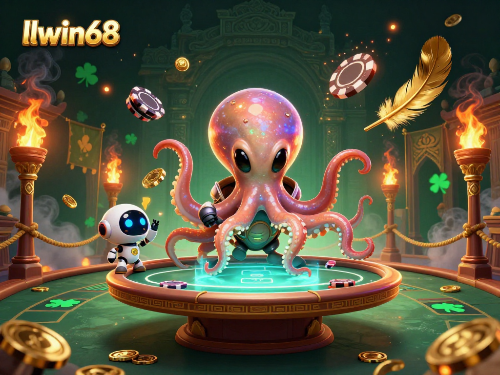 Join the fun at llwin68 with our alien octopus dealer at a cosmic poker game.