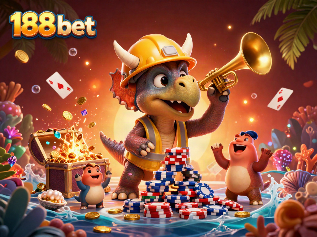 Experience the thrills of 188 bet with a vibrant 3D casino scene featuring playful dinosaurs and dynamic betting visuals.