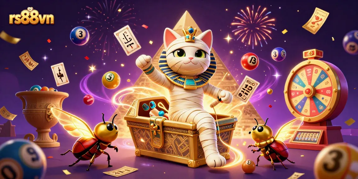 Engage with rs88vn's vibrant atmosphere featuring a mummy cat and games in a lively casino.