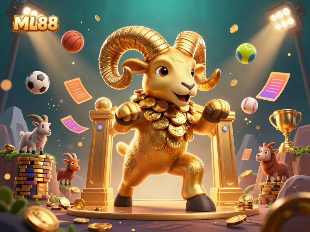 Engage with ML88's vibrant online casino experience featuring a golden ram amidst dynamic sports elements and rich casino visuals.