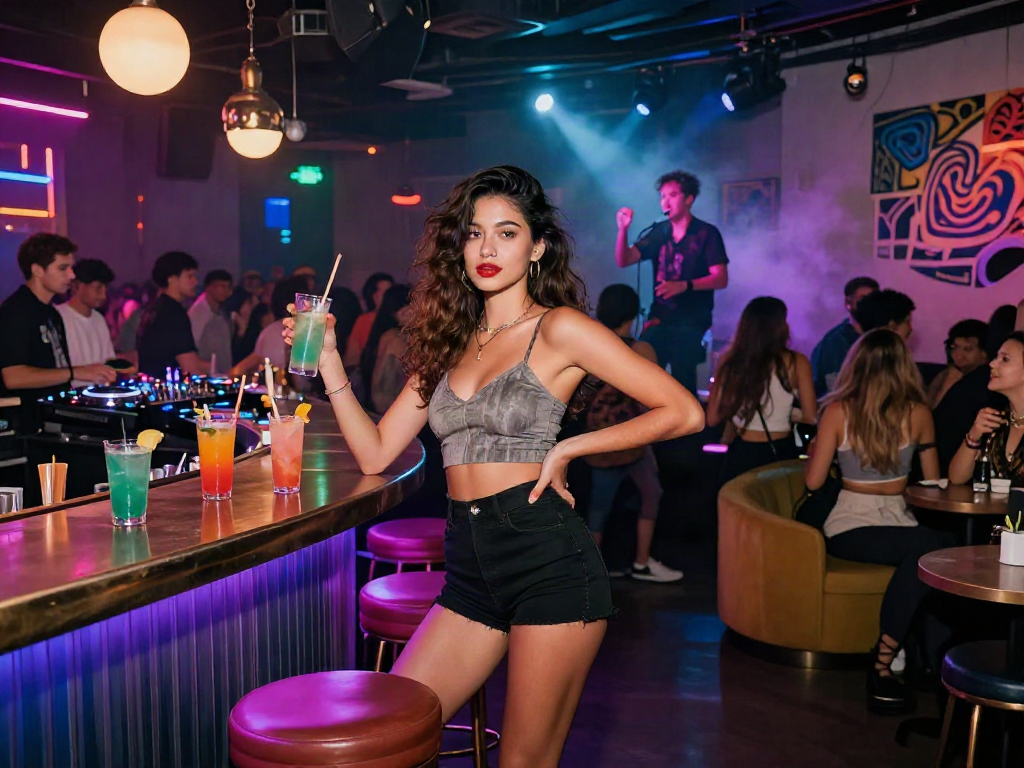 NSFW nightlife scene with vibrant neon lights, stylish model, and lively crowd.