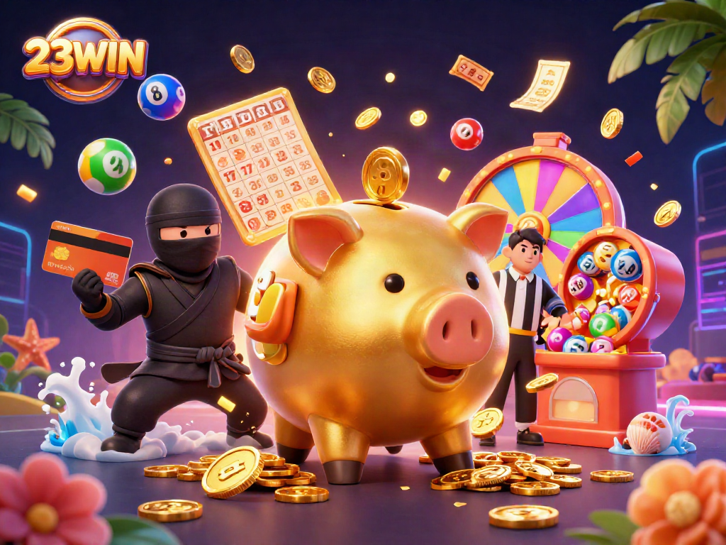 Join the action with 23WIN's dynamic casino scene featuring cartoon characters amidst a money rain.