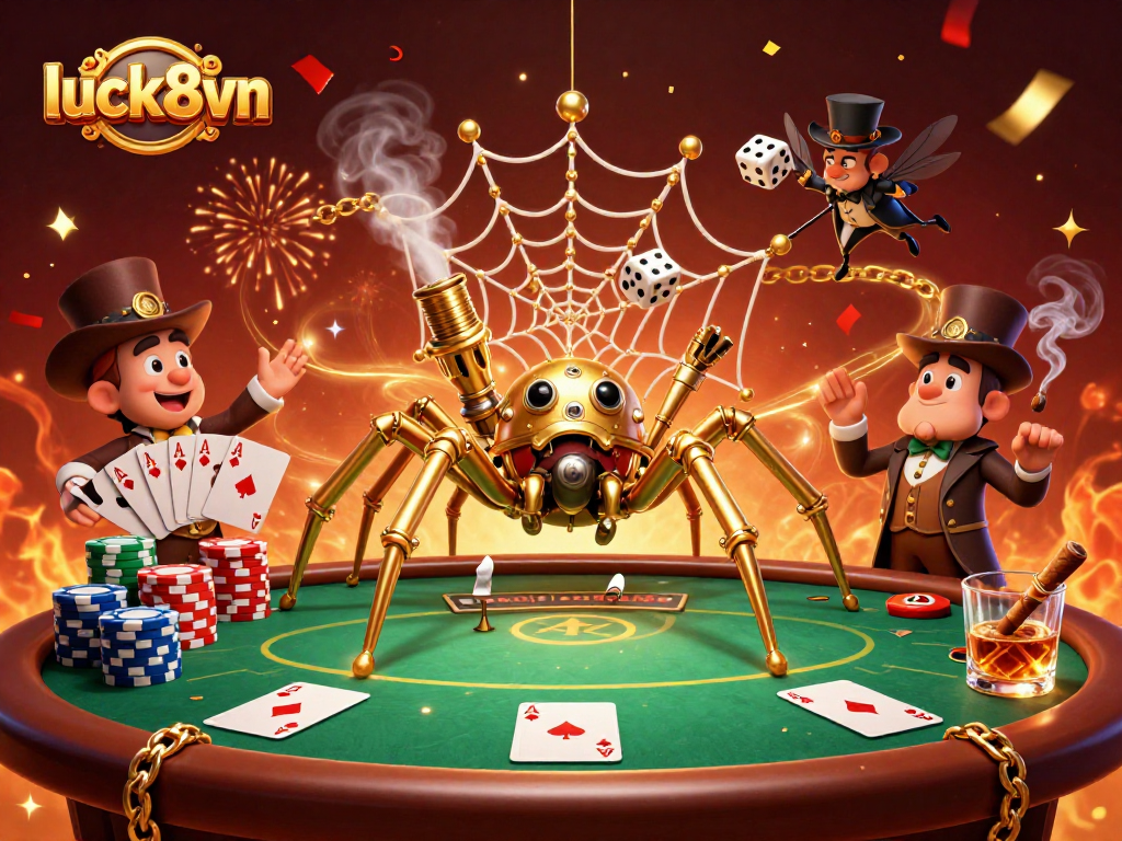 Engage with luck8vn by exploring the vibrant, dynamic casino scene filled with poker chips and festive elements.