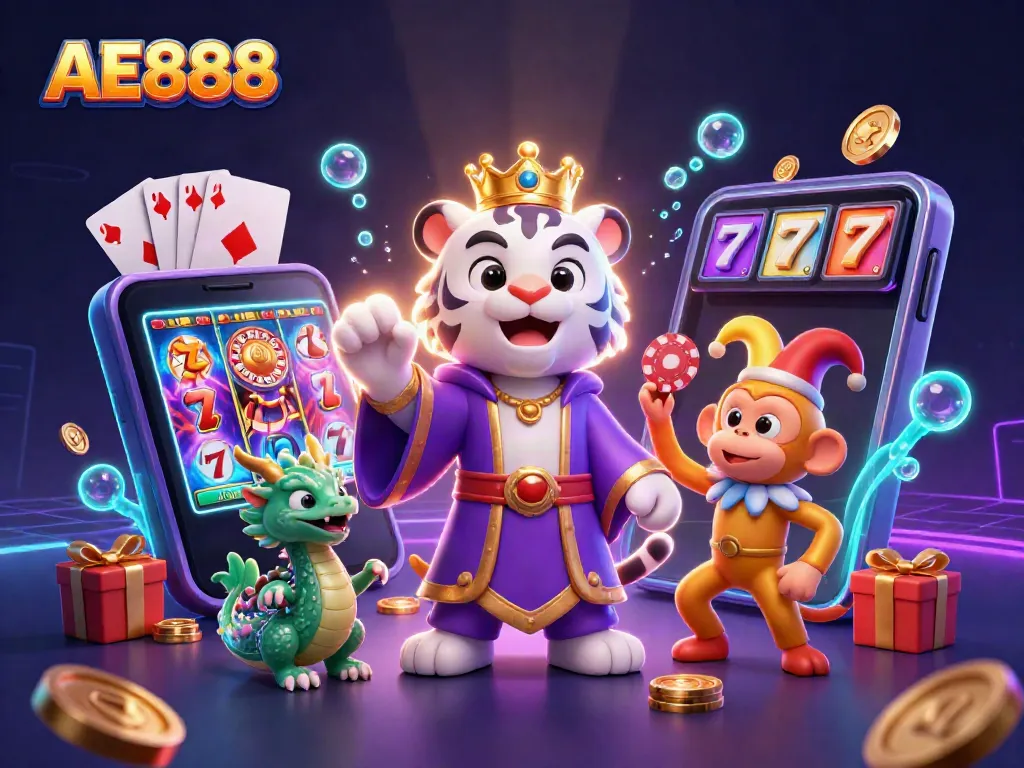 Engage with AE888's vibrant 3D casino scene showcasing a magical white tiger, monkey, and jade dragon amidst dynamic slot elements.