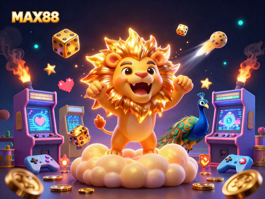 Embark on thrilling MAX88 gameplay with golden dice, a roaring sun lion, and vibrant casino elements.