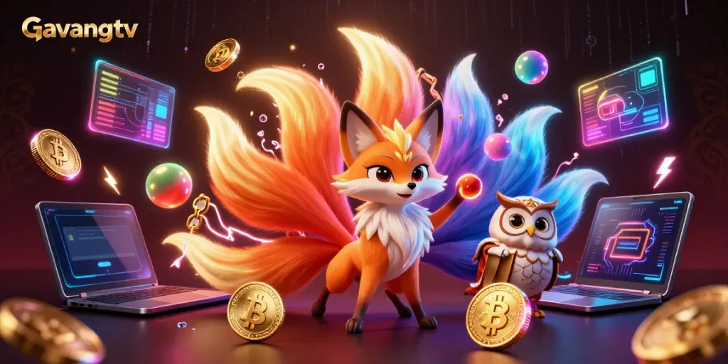 Experience the dynamic features of Gavangtv with a colorful nine-tailed fox and owl sage in a vibrant gambling scene.