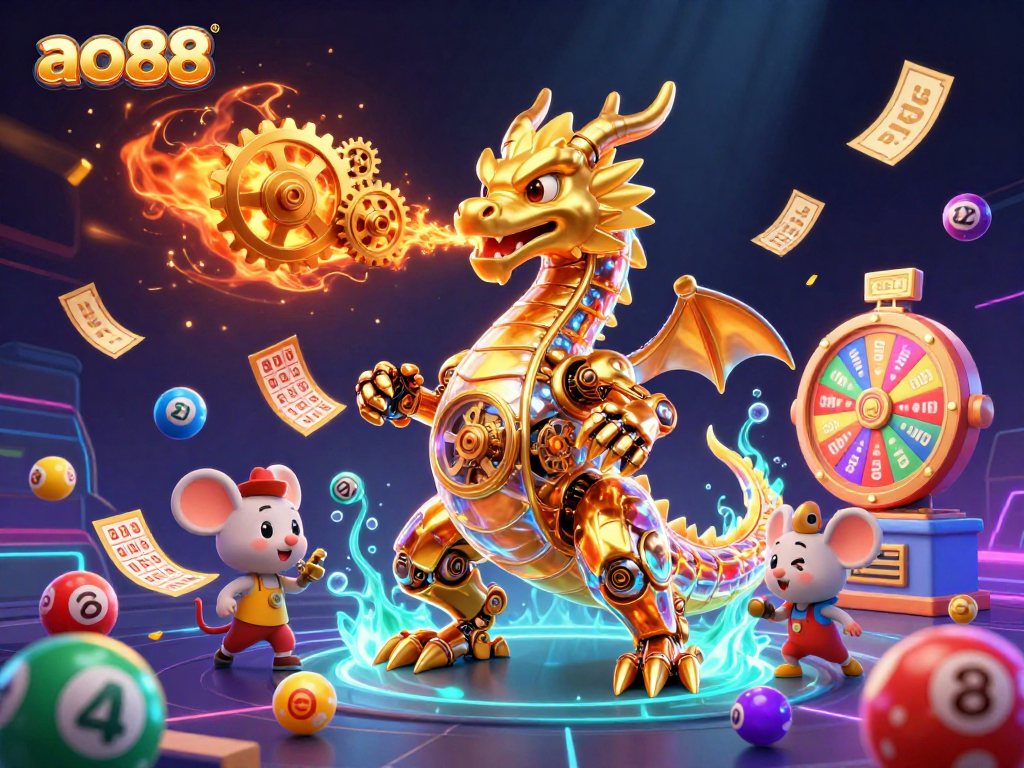 Experience thrilling gameplay with ao88 where a golden dragon breathes fortune amidst vibrant casino elements.