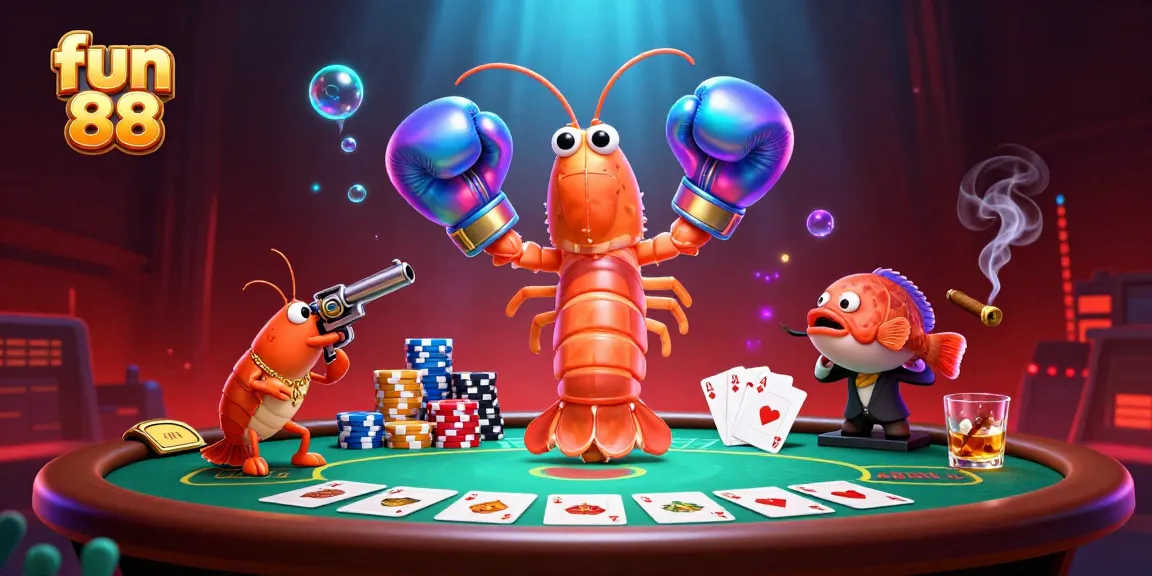 Engage in fun 88 action with vibrant underwater casino scene featuring unique marine characters and poker elements.