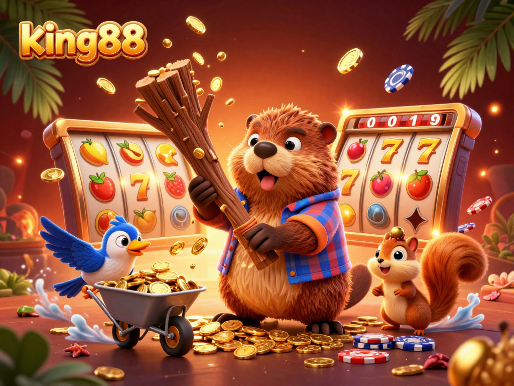 Spin to win with king88! A lively 3D scene of a beaver, bird, and squirrel among slot reels and golden coins.