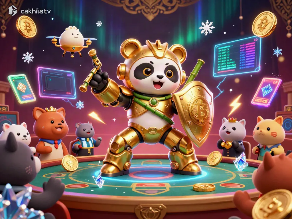 CakhiaTV's vibrant gambling scene showcasing a mech-suit panda with Bitcoin elements, invoking thrilling gaming excitement.