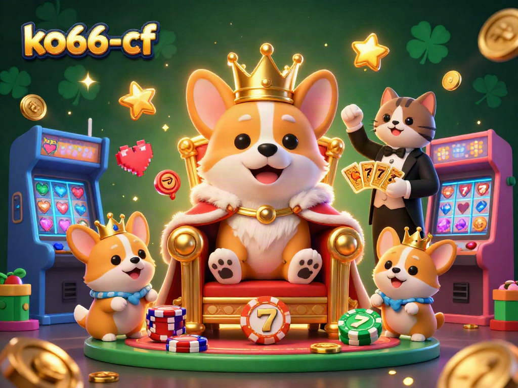 Experience the thrill of ko66-cf with a royal corgi on a poker chip throne in a vibrant casino scene.