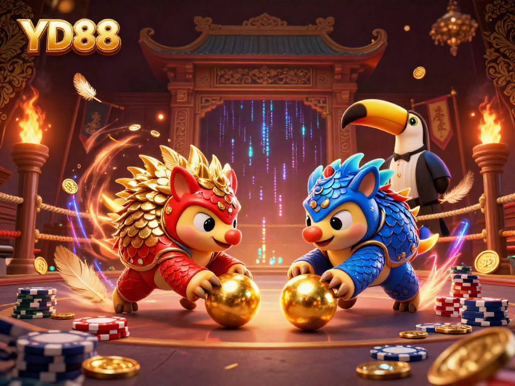 Experience the excitement of YD88 with competitive pangolins rolling golden balls in a vibrant casino scene.