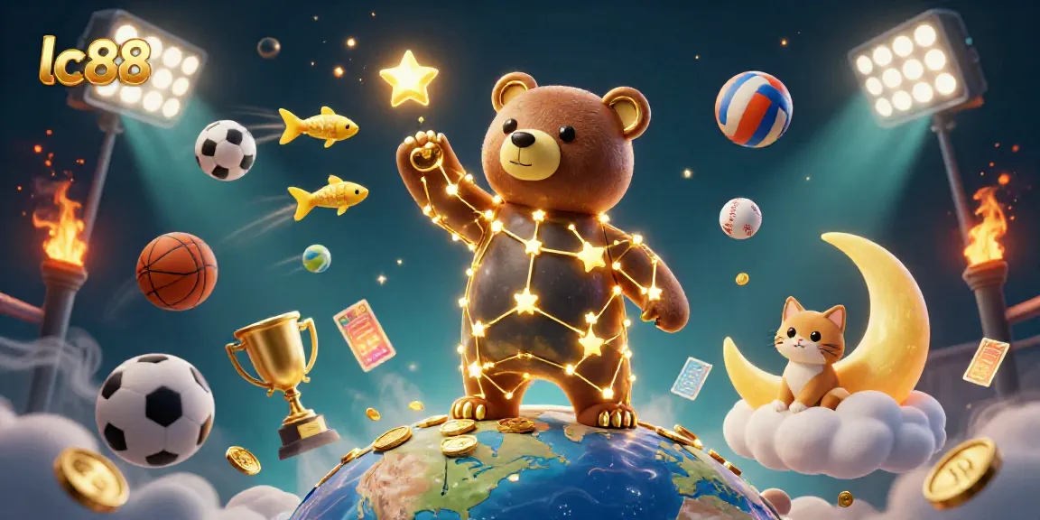 Catch exciting winnings with lc88, illustrated by a constellation bear in a vibrant casino scene.