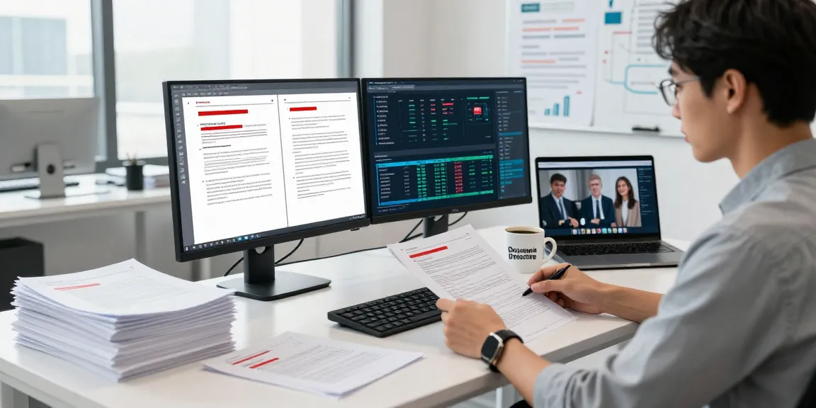 Document fraud detection analysis in a modern office setting with an analyst reviewing inconsistencies on a monitor.