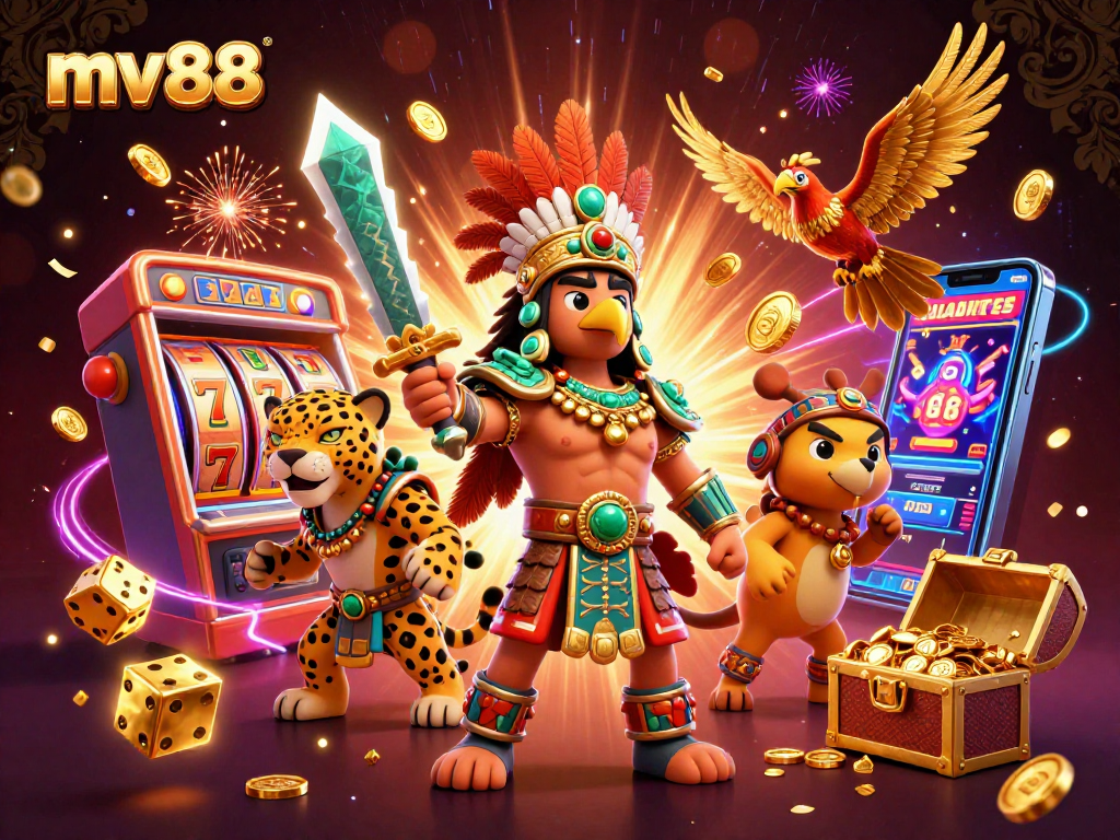 Experience thrilling gaming action with mv88 as Aztec warriors celebrate jackpots amidst vibrant casino chaos.